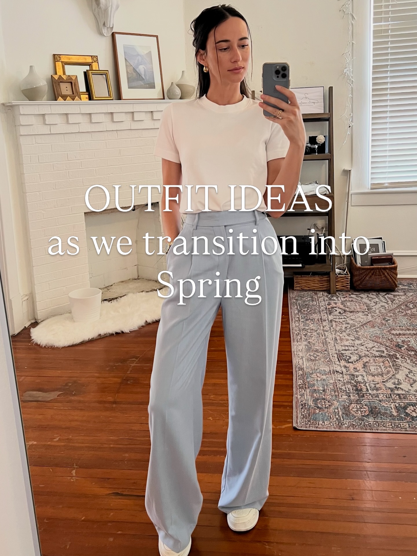 Outfit Ideas for That Awkward Shift into Spring: A White Tee and Powder-Blue Trouser Formula